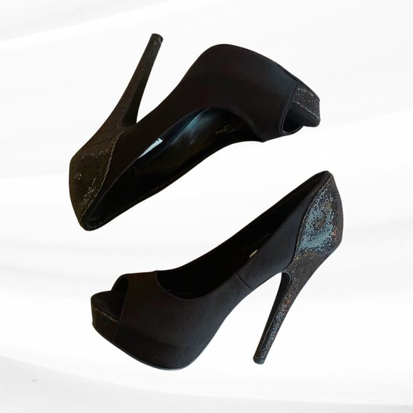 Steve Madden Black Glitter Peep Toe Platform Pumps, Size 7M - Picture 7 of 10